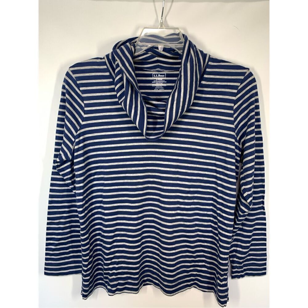 L.L. Bean Women's Striped Cowl Neck 3/4 Sleeve Top Blue Gray Size Large